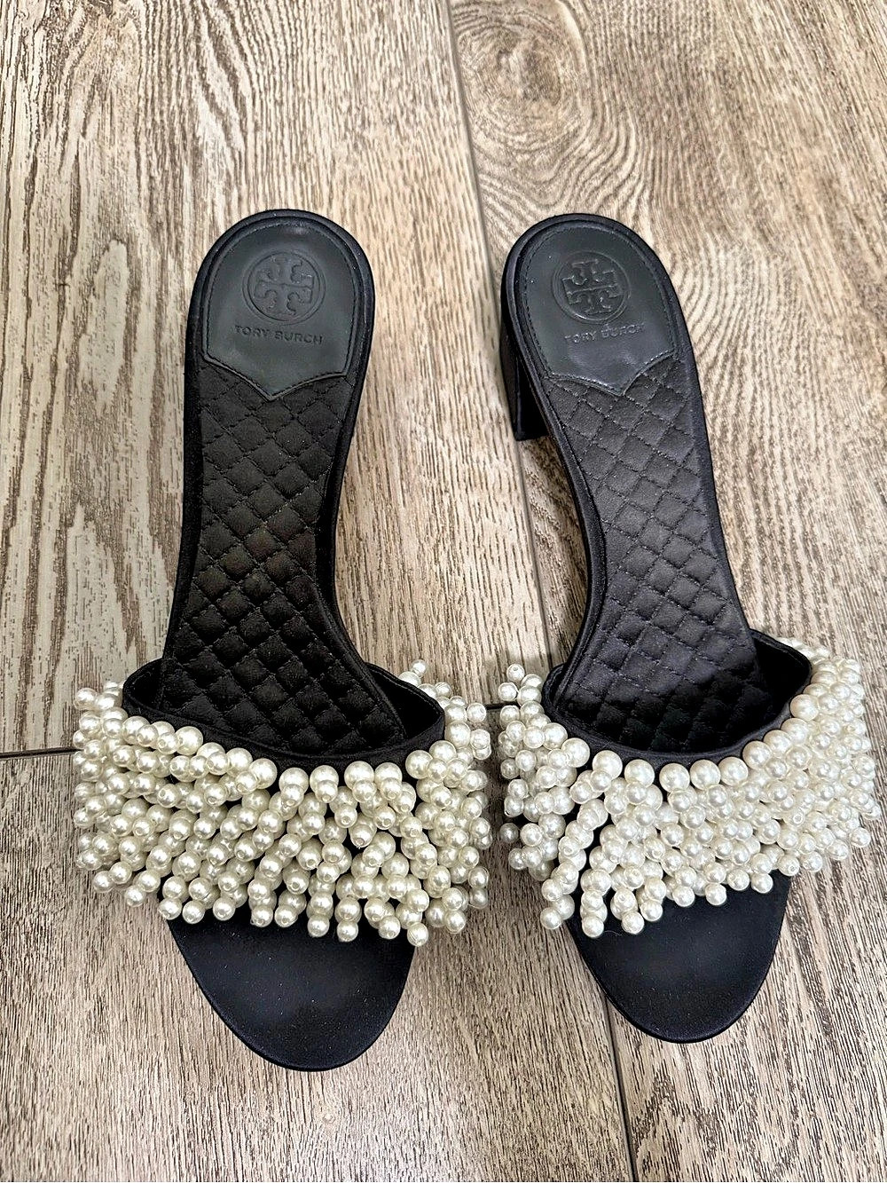 Tory Burch Black Pearl Embellished Block Heel Sandals Size 10